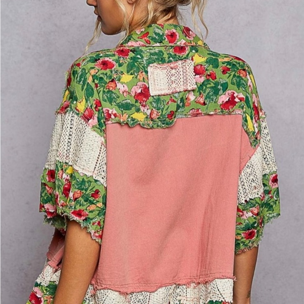 163 - POL Half Sleeve Crochet Floral Patchwork Crop Top in Pink and Green